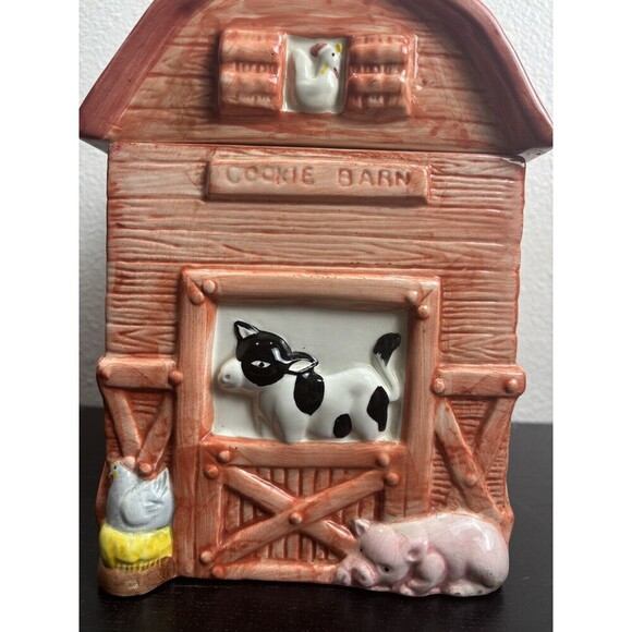 Red Country Cookie Barn Ceramic Cookie Jar with‎ Farm Animals Cow Pig Chicken - Picture 12 of 15